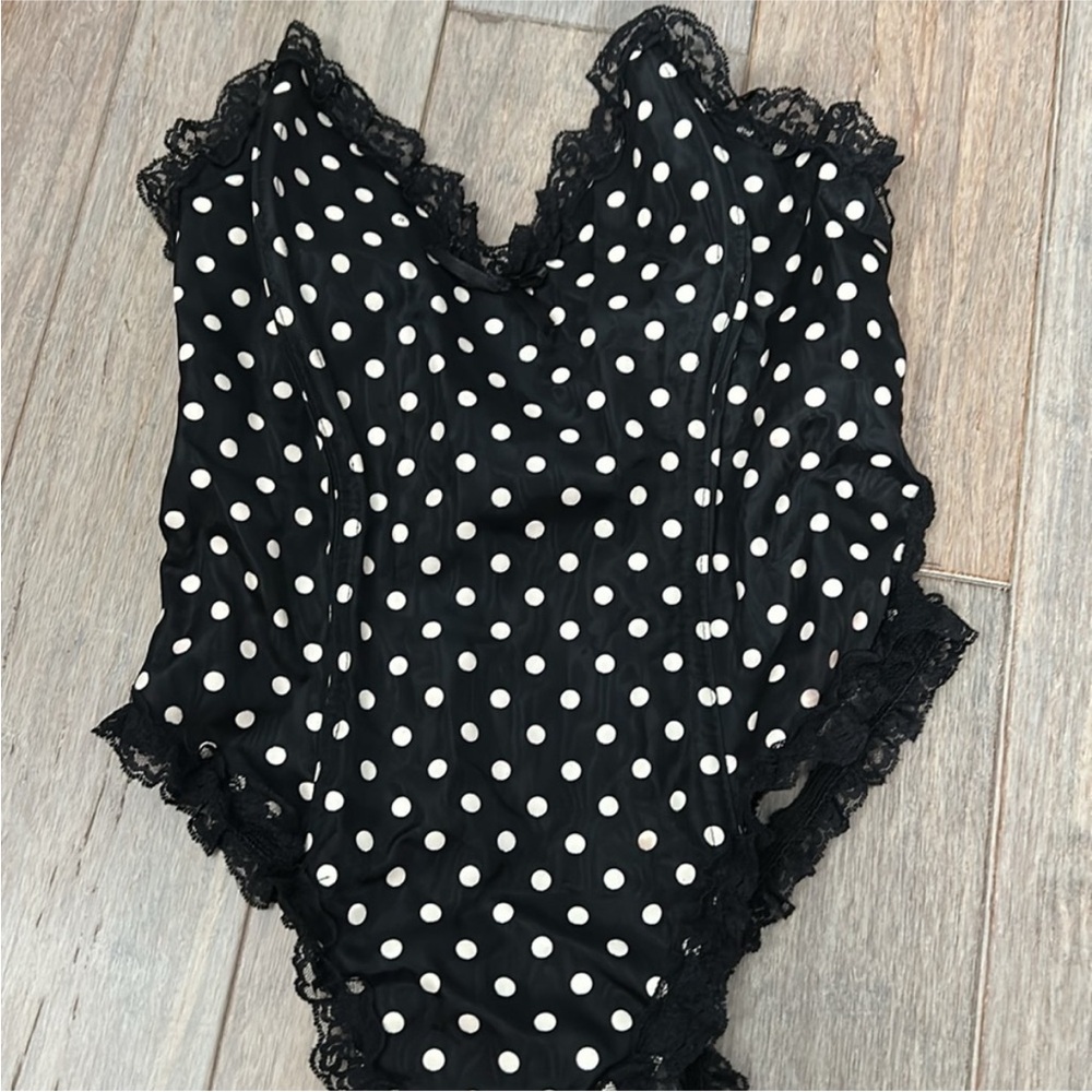 Vintage 80s Emile Bole Polka Dot Thong Pinup Bustier One Piece Bodysuit Lingerie - Picture 2 of 13
